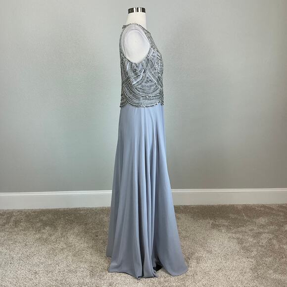 Betsy & Adam Beaded Chiffon Evening Gown Gray Size 8 Cut Out Thigh Slit Formal - Picture 4 of 13